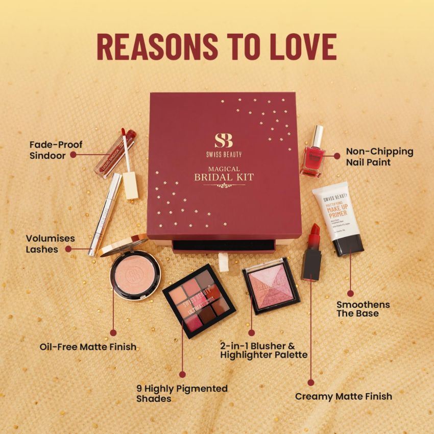 Swiss Beauty Magical Bridal Kit for Wedding | With Primer, Mascara, Sindoor, Eyeshadow Palette, HD Matte Lipstick, Silky & Smooth Powder, Baked Blusher & Highlighter, Non-Chipping Nail Paint | 77.5g