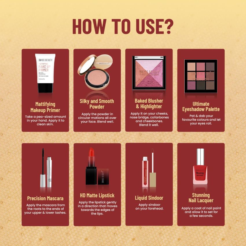 Swiss Beauty Magical Bridal Kit for Wedding | With Primer, Mascara, Sindoor, Eyeshadow Palette, HD Matte Lipstick, Silky & Smooth Powder, Baked Blusher & Highlighter, Non-Chipping Nail Paint | 77.5g