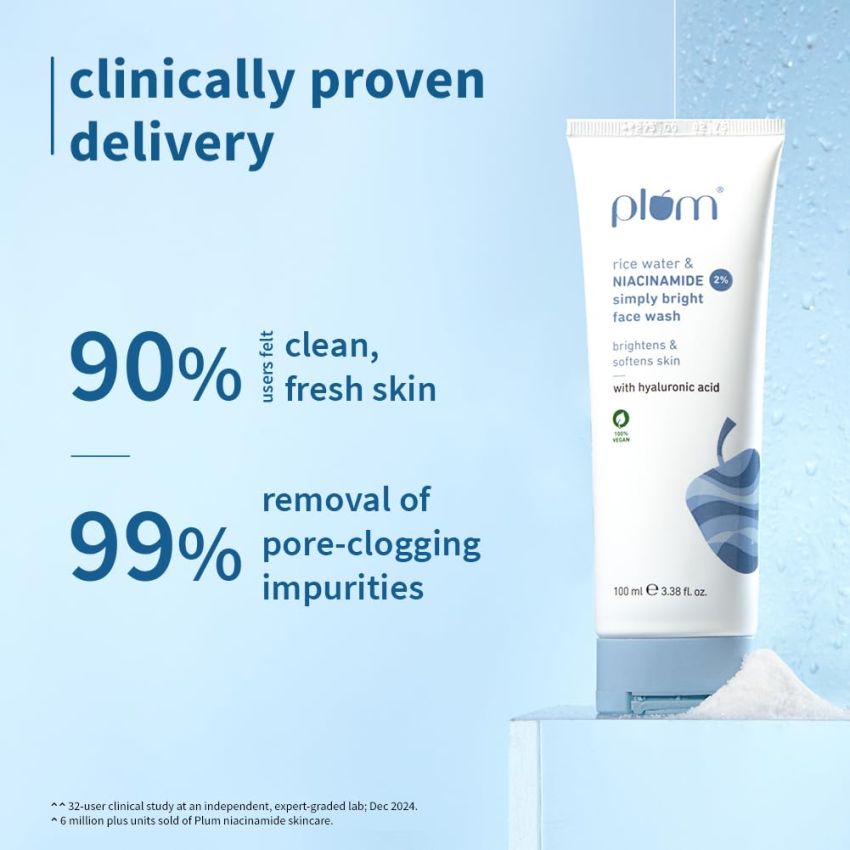 Plum Simply Bright 2% Niacinamide Face Wash with Rice Water | Brightens, Softens & Smoothens Skin | for Oily, Acne Prone, Dry, Normal, Sensitive Skin | Gentle & Non-Drying | for Men & Women | 100ml