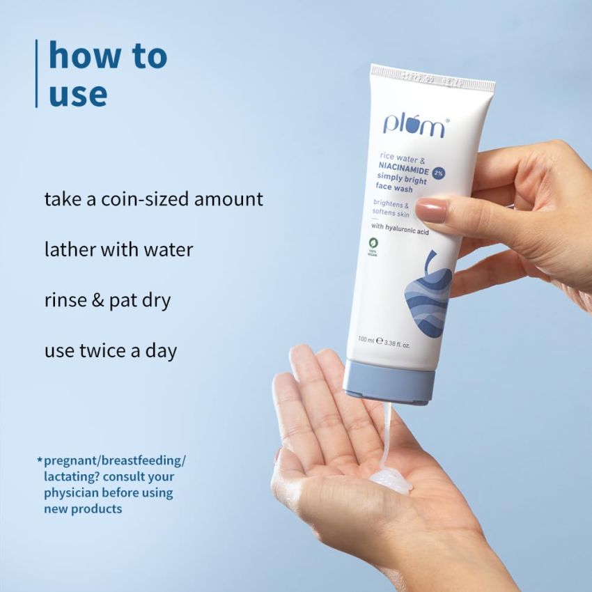 Plum Simply Bright 2% Niacinamide Face Wash with Rice Water | Brightens, Softens & Smoothens Skin | for Oily, Acne Prone, Dry, Normal, Sensitive Skin | Gentle & Non-Drying | for Men & Women | 100ml