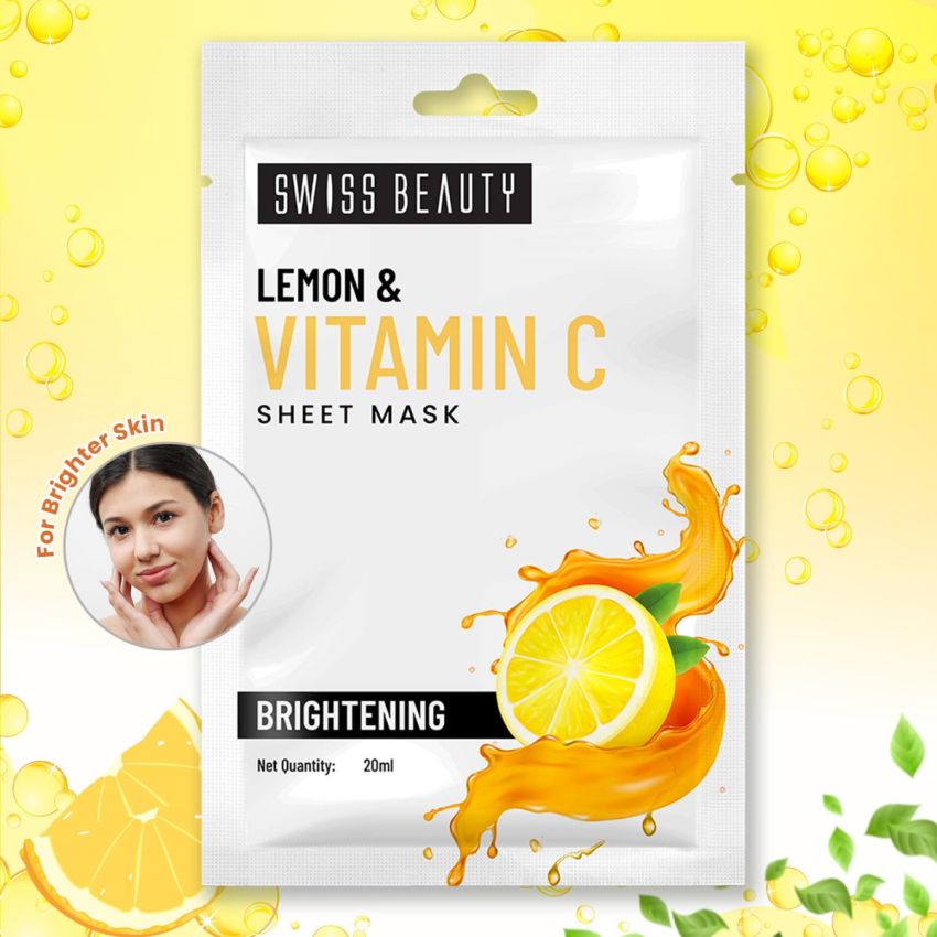 Swiss Beauty Lemon & Vitamin C Brightening Sheet Mask | Serum - infused Sheet mask | Brightens dull skin | Lightens Dark spots | 20ml