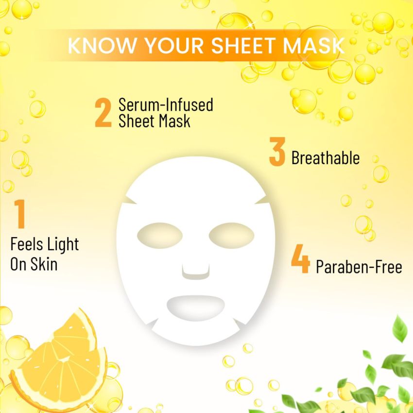 Swiss Beauty Lemon & Vitamin C Brightening Sheet Mask | Serum - infused Sheet mask | Brightens dull skin | Lightens Dark spots | 20ml