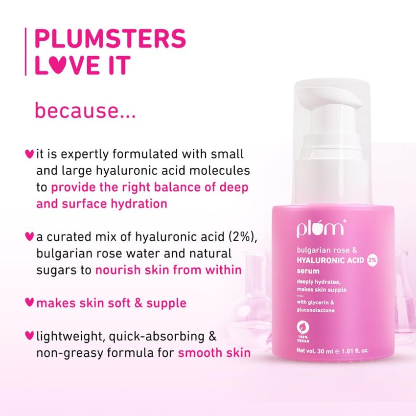 Plum 2% Hyaluronic Acid Serum with Bulgarian Rose (30 ml) | Instant Hydration for Plump & Bouncy Skin | Daily Use Face Serum| For All Skin Types | Fragrance-Free