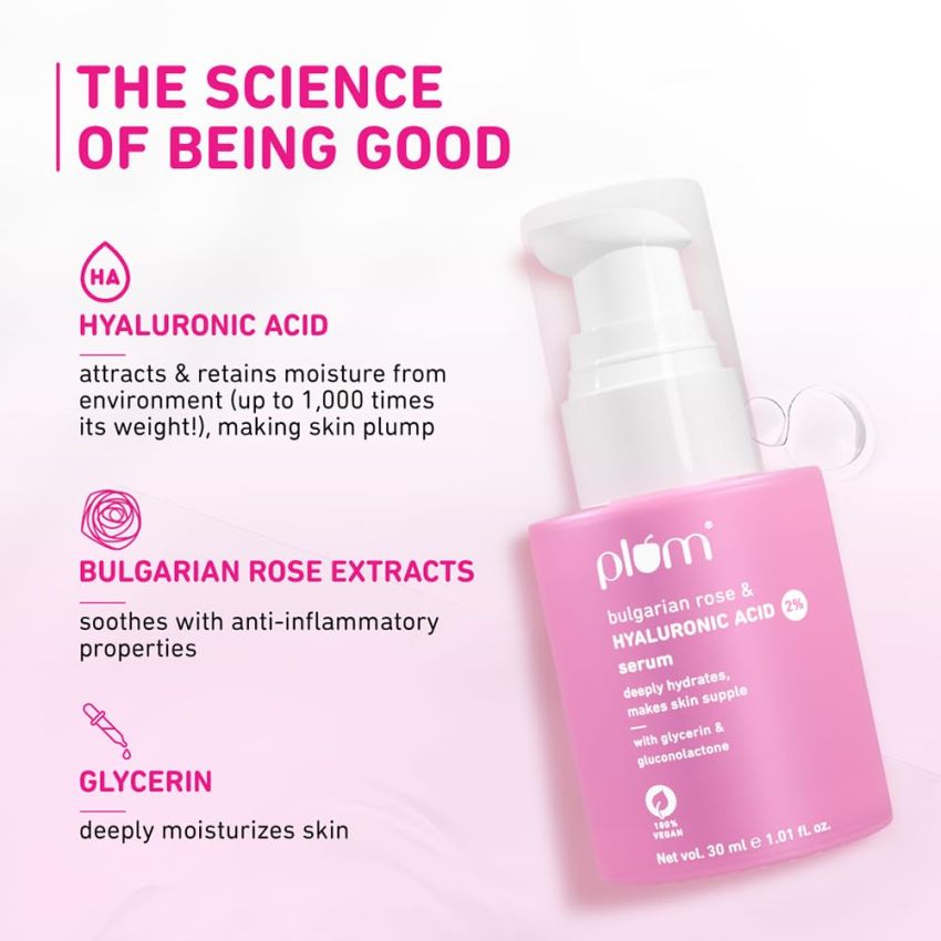 Plum 2% Hyaluronic Acid Serum with Bulgarian Rose (30 ml) | Instant Hydration for Plump & Bouncy Skin | Daily Use Face Serum| For All Skin Types | Fragrance-Free