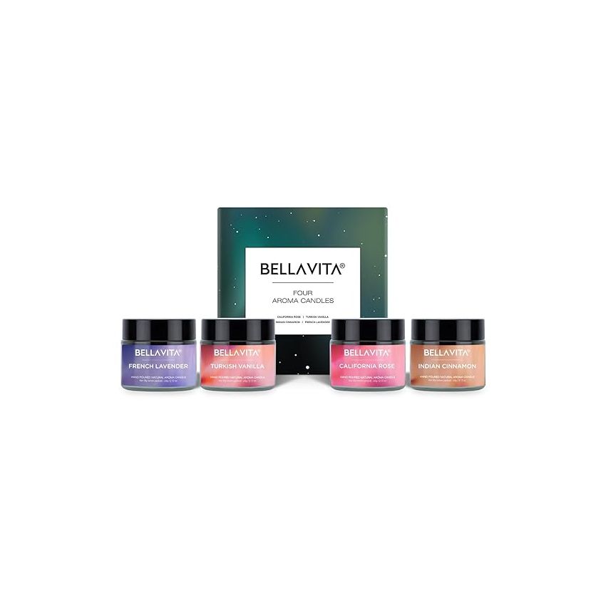 Bella Vita Organic Soy Wax Aroma Candles Set Of 4 Scented Aromatic Fragrance Vanilla, Cinnamon, Lavender & Rose For Gifting Home, 60 Gms Each,Up To 15 Hours Burn Time