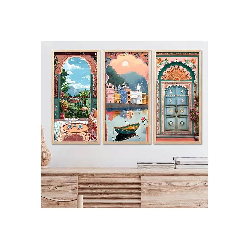 kotart Traditional Indian Art Pichwai Wall Art Décor Paintings | Painting for wall Decoration | Traditional Indian Art Pichwai Wall Décor Paintings Set of 3 (10X19 INCH, C)