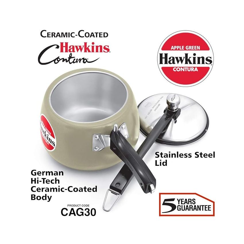 Hawkins 3 Litre Contura Pressure Cooker, Ceramic Coated Handi Inner Lid Cooker, Apple Green (CAG30)