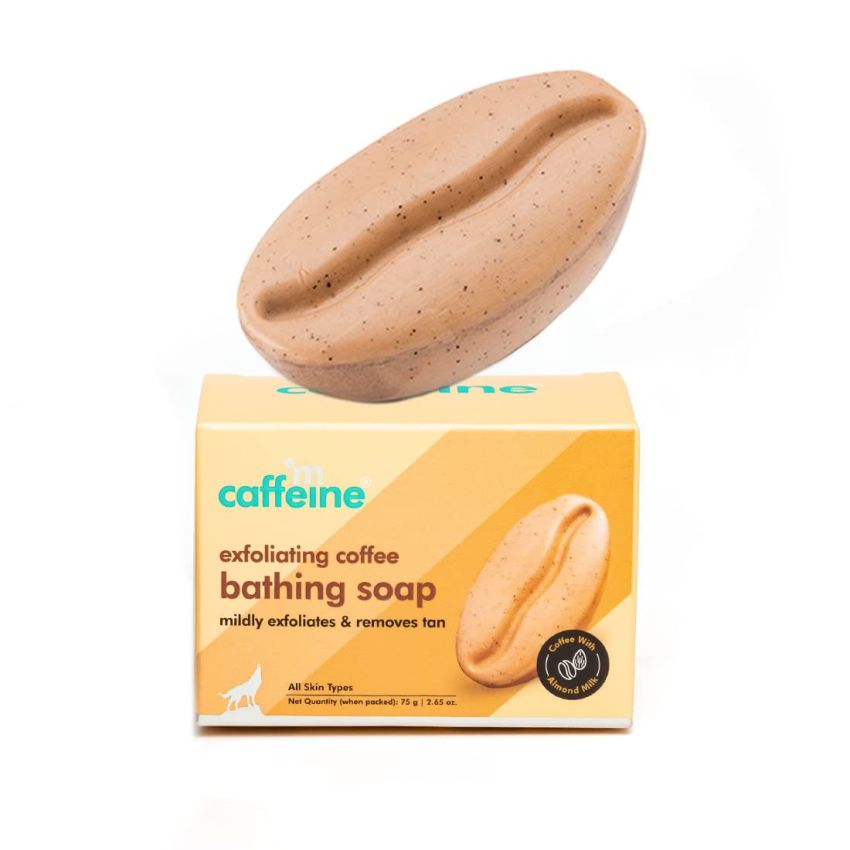 mCaffeine Exfoliating Tan Removal Soap with Coffee, Almond Milk & Caramel | De Tan Bathing Soap for Polishing & Moisturizing the Skin | Bean Shaped Soap with Fresh Coffee Aroma | Natural & Vegan