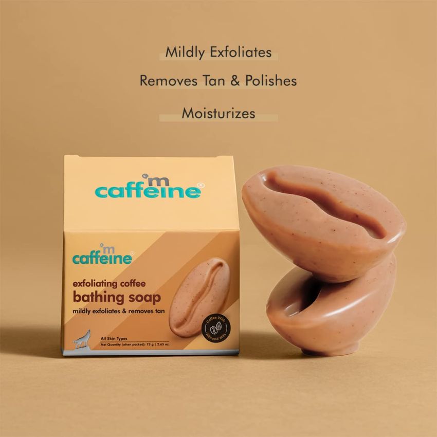 mCaffeine Exfoliating Tan Removal Soap with Coffee, Almond Milk & Caramel | De Tan Bathing Soap for Polishing & Moisturizing the Skin | Bean Shaped Soap with Fresh Coffee Aroma | Natural & Vegan