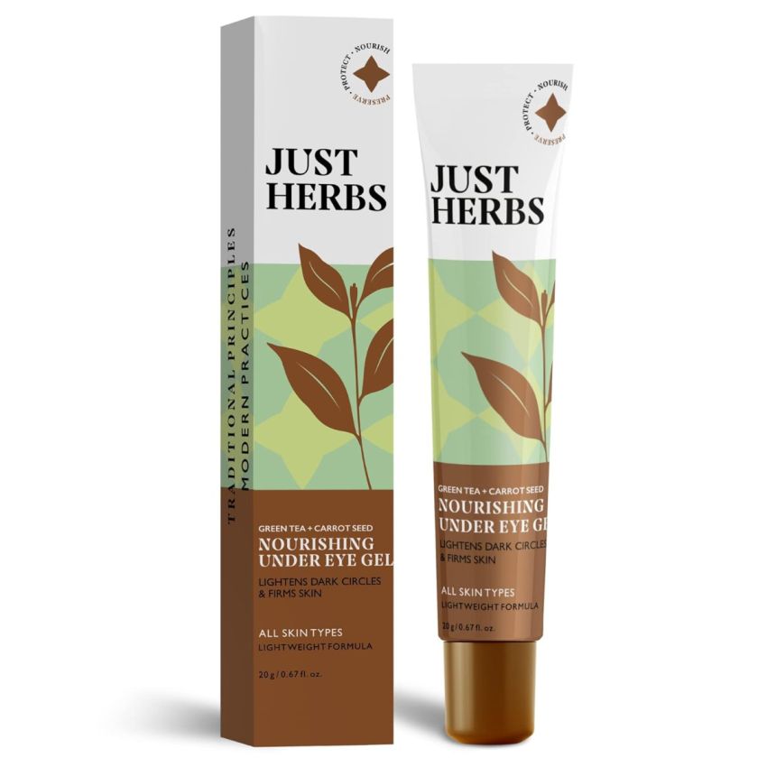 Just Herbs Nourishing Under Eye Gel Creme for Dark Circles, Eye Puffiness, Fine Lines & Wrinkles with Green Tea & Carrot Seed -For Men & Women 20 gm