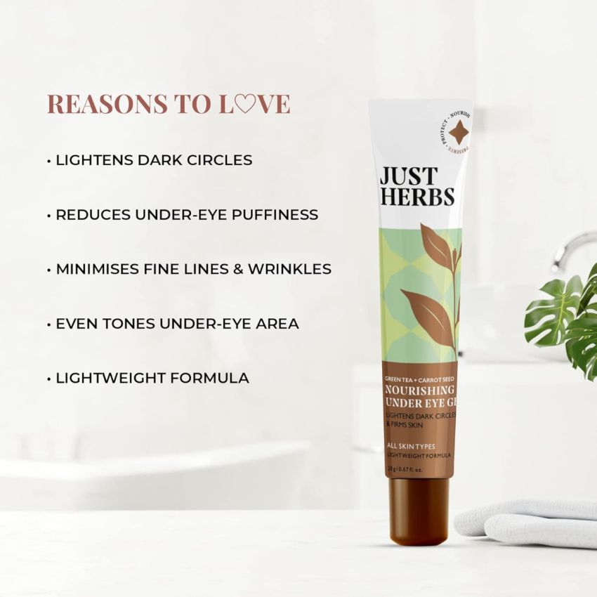 Just Herbs Nourishing Under Eye Gel Creme for Dark Circles, Eye Puffiness, Fine Lines & Wrinkles with Green Tea & Carrot Seed -For Men & Women 20 gm