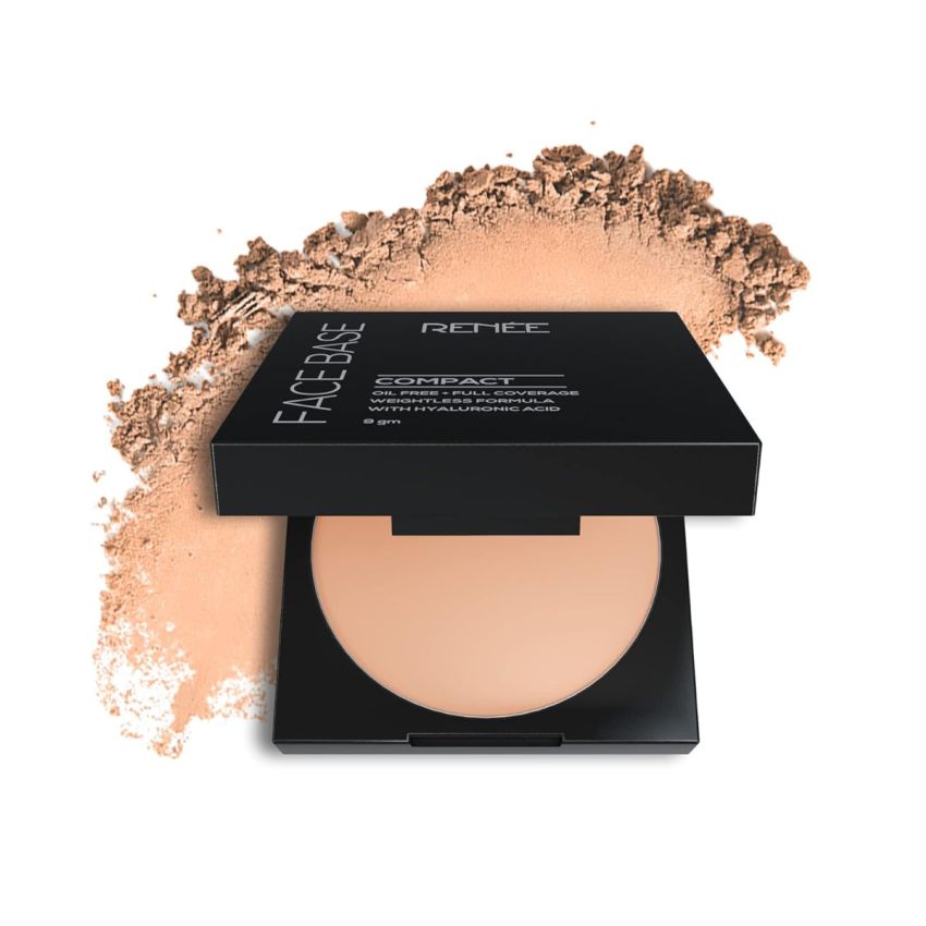 RENEE Face Base Compact Powder Cashew Beige 9gm, Enriched With Hyaluronic Acid & Vitamin E, Long - Lasting, Easy Blend, Matte Finish, for All Skin Types