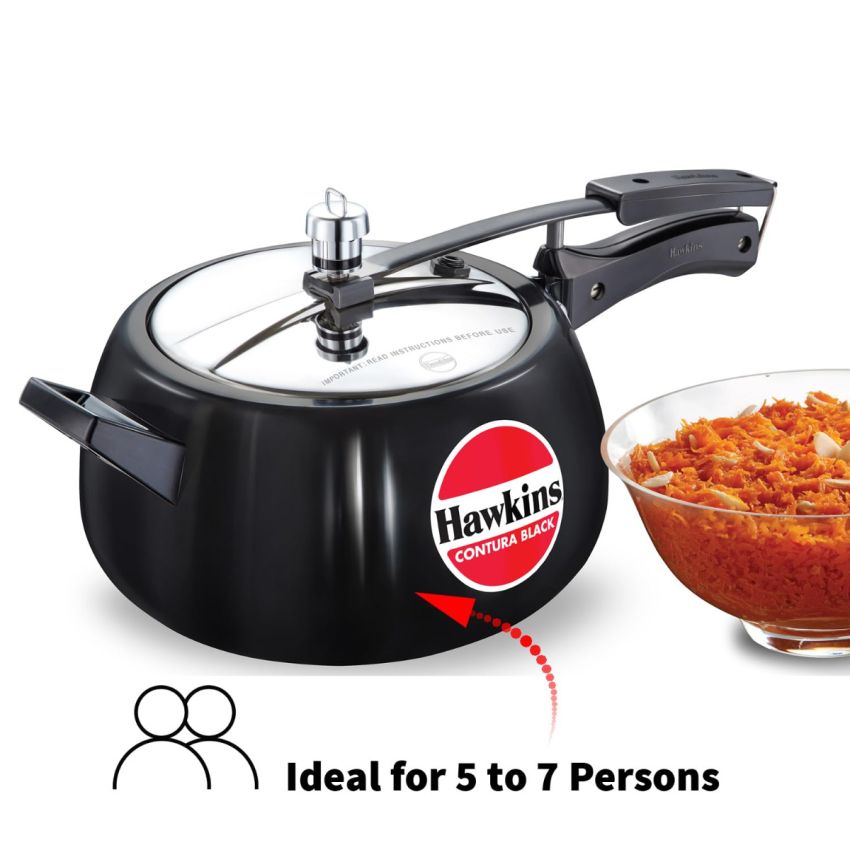 Hawkins Contura Aluminium Inner Lid Black Pressure Cooker, 5 Litre, Black (Hard Anodized - Cb50), 5 Liter