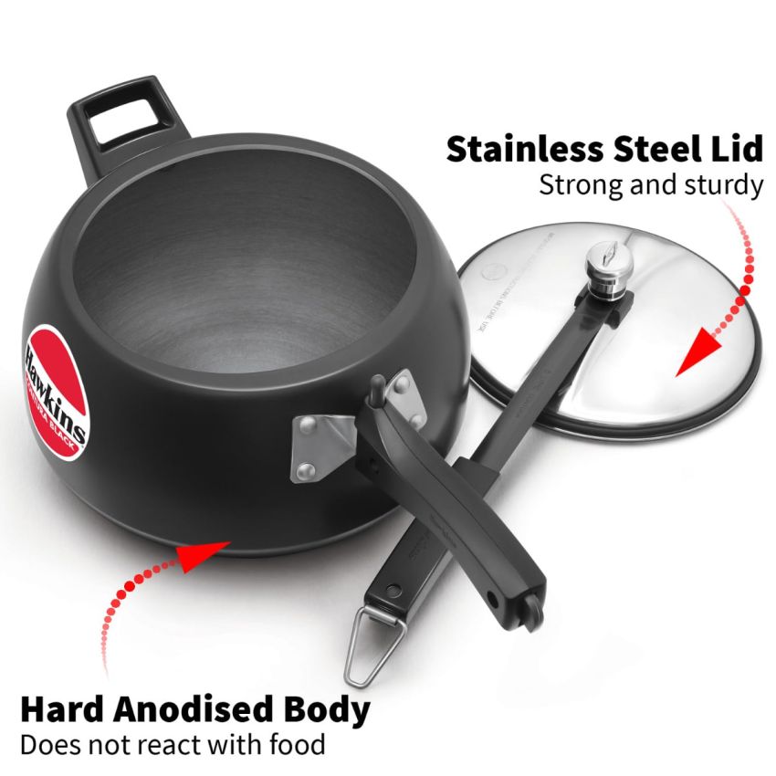 Hawkins Contura Aluminium Inner Lid Black Pressure Cooker, 5 Litre, Black (Hard Anodized - Cb50), 5 Liter
