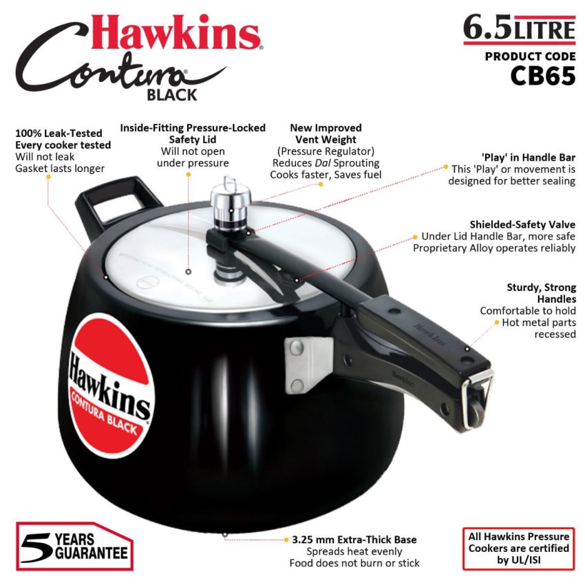 Hawkins 6.5 Litre Contura Black Pressure Cooker, Hard Anodised Inner Lid Cooker, Handi Cooker, Black (Cb65), 6.5 Liter