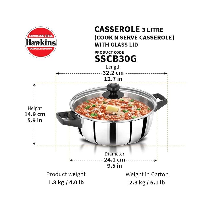 Hawkins 3 Litre Cook n Serve Casserole, Stainless Steel, SSCB30G