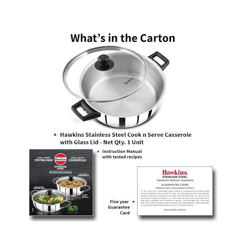 Hawkins 3 Litre Cook n Serve Casserole, Stainless Steel, SSCB30G