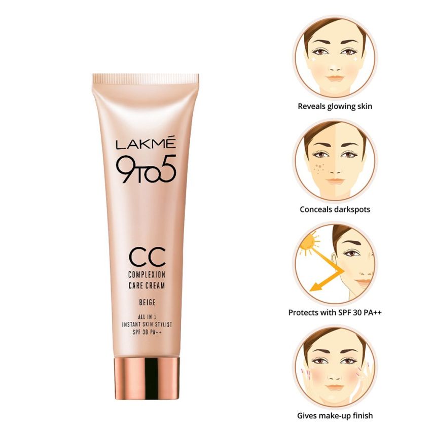 Lakme 9 to 5 CC Cream Mini|| 01 - Beige|| Light Face Makeup with Natural Coverage|| SPF 30 - Tinted Moisturizer to Brighten Skin|| Conceal Dark Spots|| 9 g