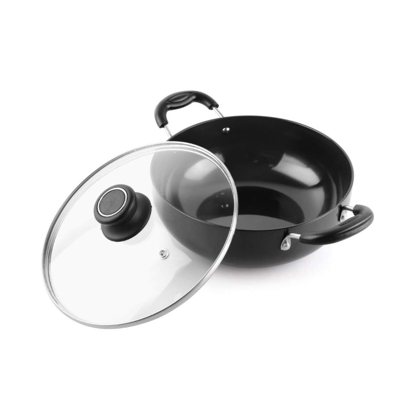 CELLO Classy Hard Anodised Non-Stick Kadhai 3.5 Liter with Glass Lid with Induction Base, Black