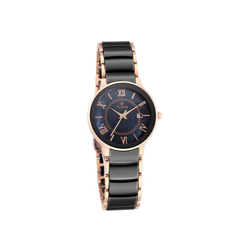 Titan Quartz Analog with Date Black Dial Stainless Steel & Ceramic Strap Watch for Women-NS95016WD01/NT95016WD01