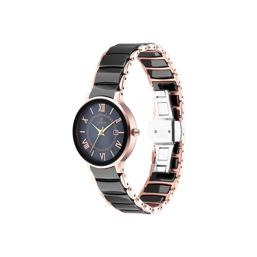 Titan Quartz Analog with Date Black Dial Stainless Steel & Ceramic Strap Watch for Women-NS95016WD01/NT95016WD01