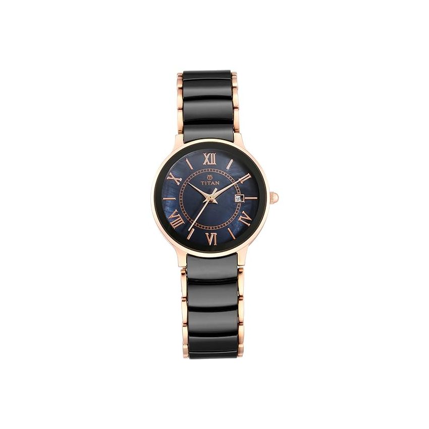Titan Quartz Analog with Date Black Dial Stainless Steel & Ceramic Strap Watch for Women-NS95016WD01/NT95016WD01
