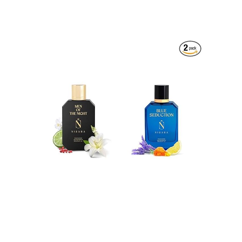 Nisara Blue Seduction & Men Of The Night Perfume Combo For Men ( Pack of 2*100 ml ) | Aqua-Fresh Aromatic Fougre Woody Chypre Musky Fragrance | with Jasmine, Amber, Musk, Lavender & Patchouli Notes | Long Lasting Eau De Parfum Scent Spray*-