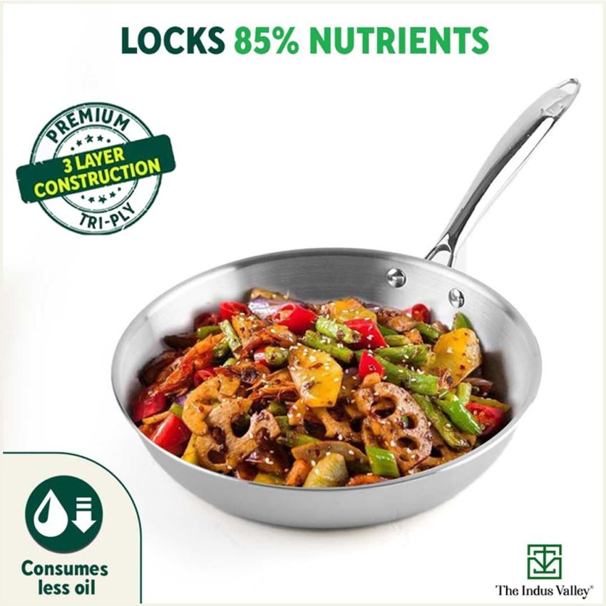 The Indus Valley Triply Stainless Steel Fry Pan with Glass Lid | Small, 22cm/8.7 inch, 1.5Ltr, 0.9kg | Induction Friendly | Nonstick 3-Layer Body, 100% Pure & Toxin-Free, No Chemical Coating