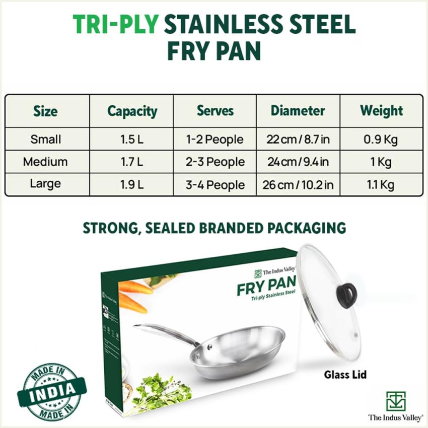 The Indus Valley Triply Stainless Steel Fry Pan with Glass Lid | Small, 22cm/8.7 inch, 1.5Ltr, 0.9kg | Induction Friendly | Nonstick 3-Layer Body, 100% Pure & Toxin-Free, No Chemical Coating