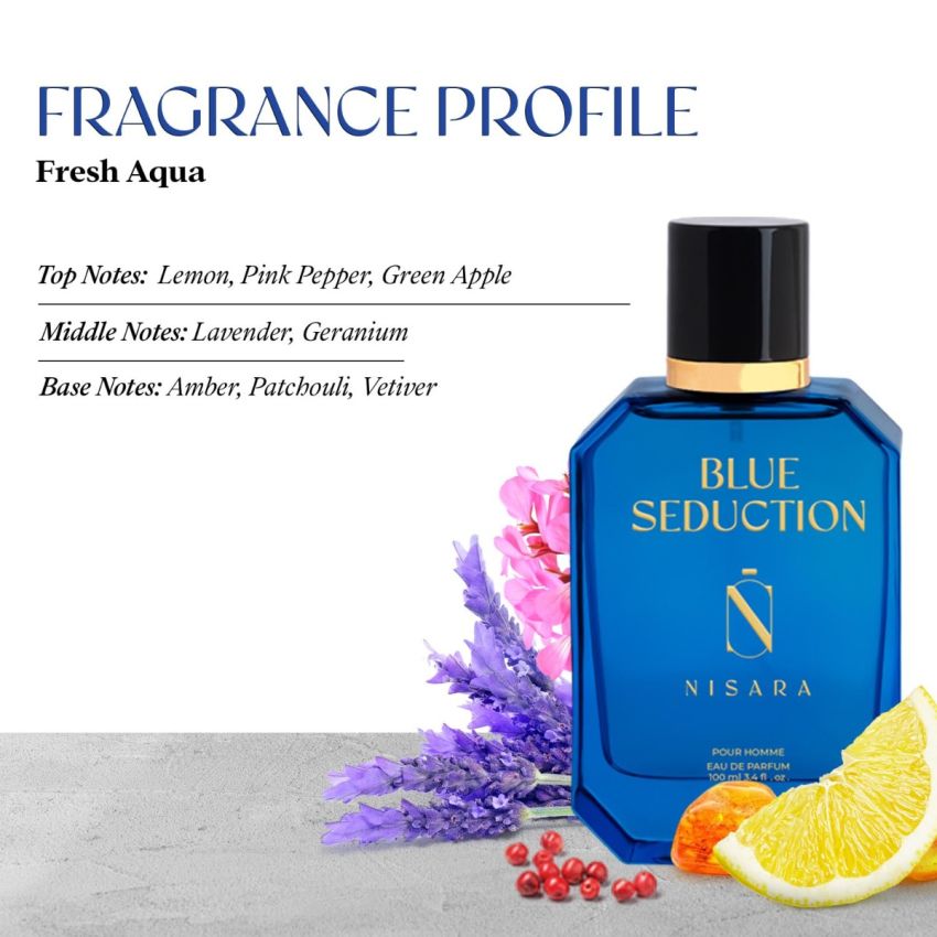 Nisara Blue Seduction & Men Of The Night Perfume Combo For Men ( Pack of 2*100 ml ) | Aqua-Fresh Aromatic Fougre Woody Chypre Musky Fragrance | with Jasmine, Amber, Musk, Lavender & Patchouli Notes | Long Lasting Eau De Parfum Scent Spray*-