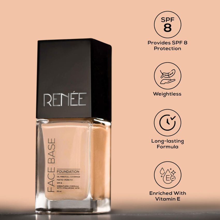 RENEE Face Base Liquid Foundation - Chai Tea, 23ml | Enriched with Hyaluronic Acid & Vitamin E, Provides SPF 8 Protection, Weightless, Long-lasting Matte Finish