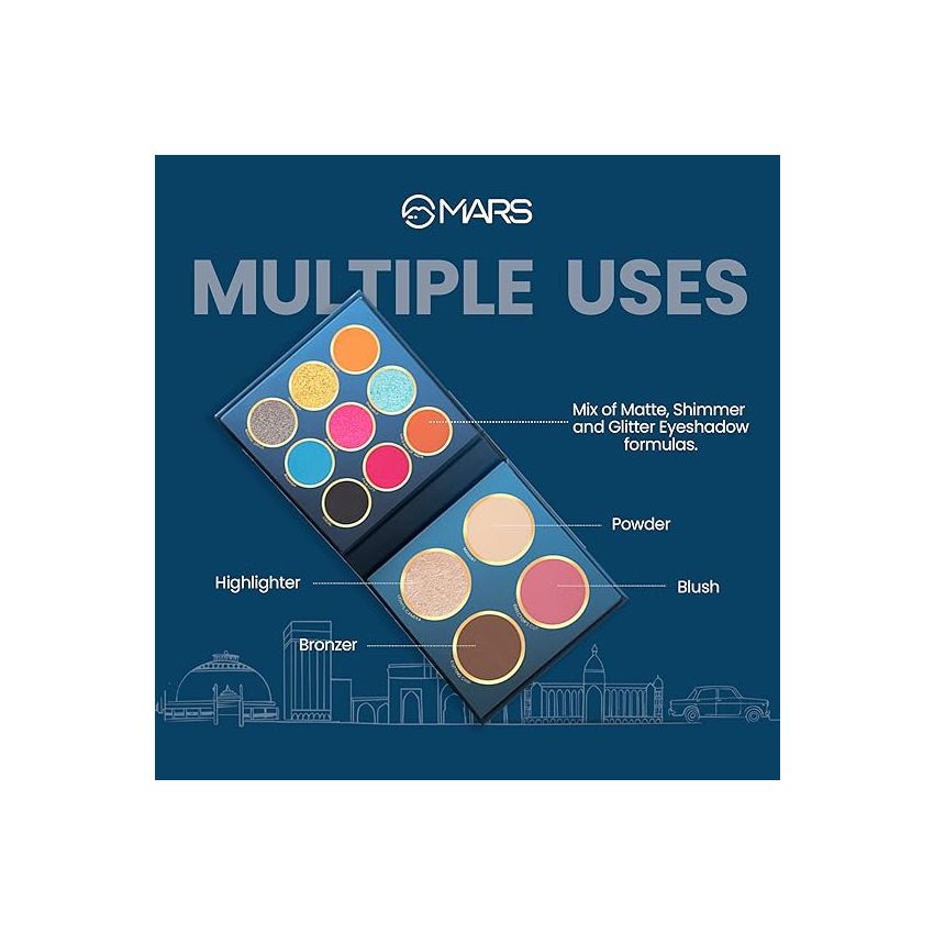 MARS The City Paradise Makeup Kit | Highly Pigmented and Blendable | 9 Eyeshadow Palette with 1 Highlighter, Blusher, Bronzer & Compact Powder each (16.0 gm) (03-Chandigarh)