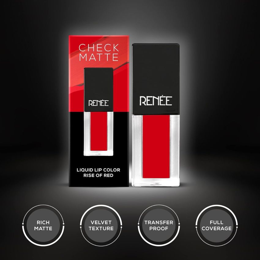 RENEE Check Matte Liquid Lip Color Rise Of Red 2.5ml| Long Lasting, Transfer Proof & Water Resistant| Rich Color Payoff| Non Drying Formula