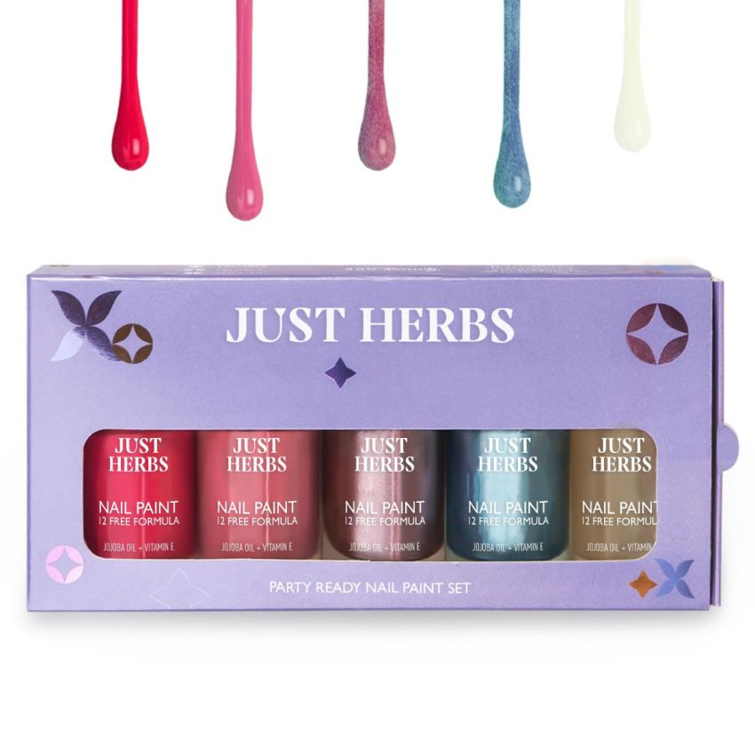 Just Herbs Party Ready Nail Paints Set, 12 Chemical Free Formula, Quick Dry and Glossy Nail Polish Gift Set of 5 (11ml x5)