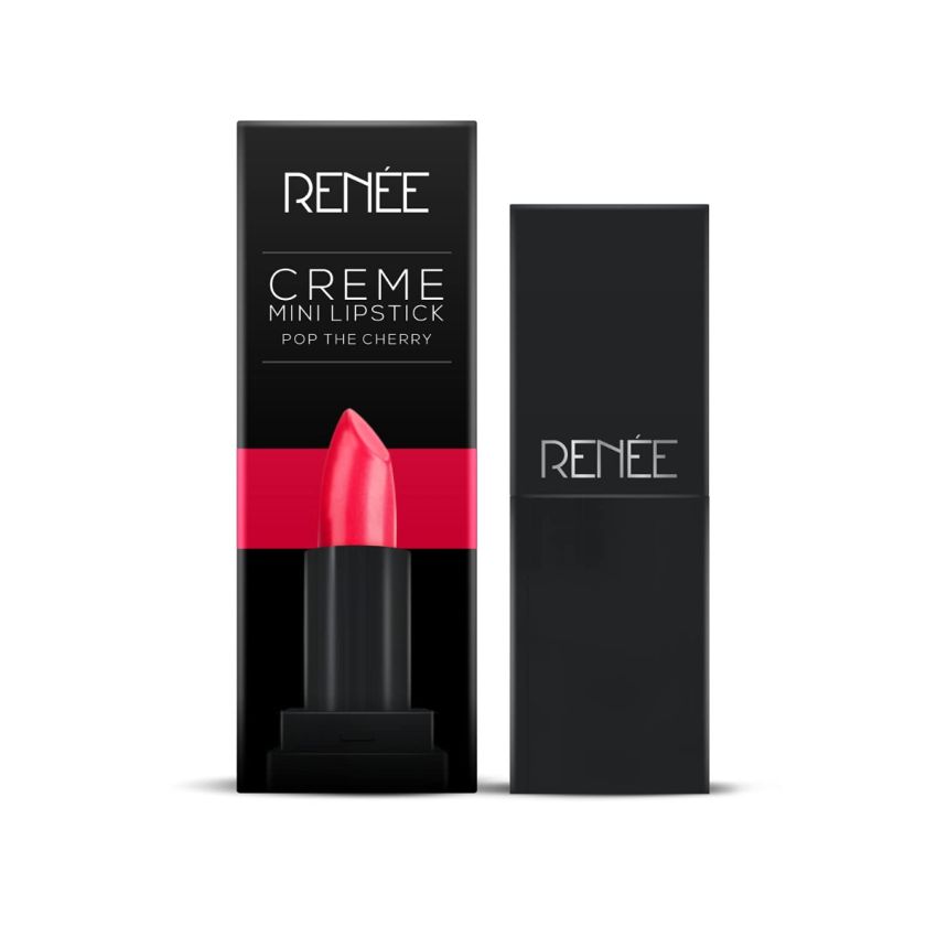 RENEE Creme Mini Lipstick Pop The Cherry 1.65gm| Long Lasting Creamy Finish| Enriched with Jojoba Oil, Keeps Lips Hydrated & Nourished| Travel Friendly
