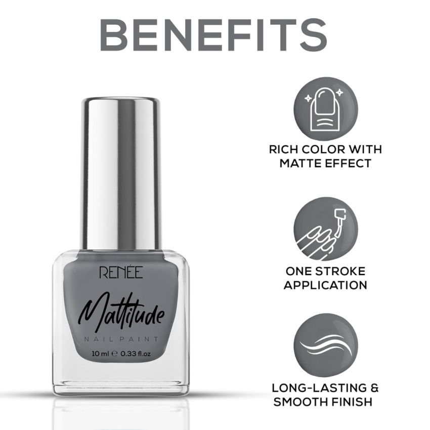 RENEE Mattitude Nail Paint- Seal Grey 10ml | Quick Drying, Matte Finish, Long Lasting, Chip resisting Formula with High coverage | Acetone & Paraben Free