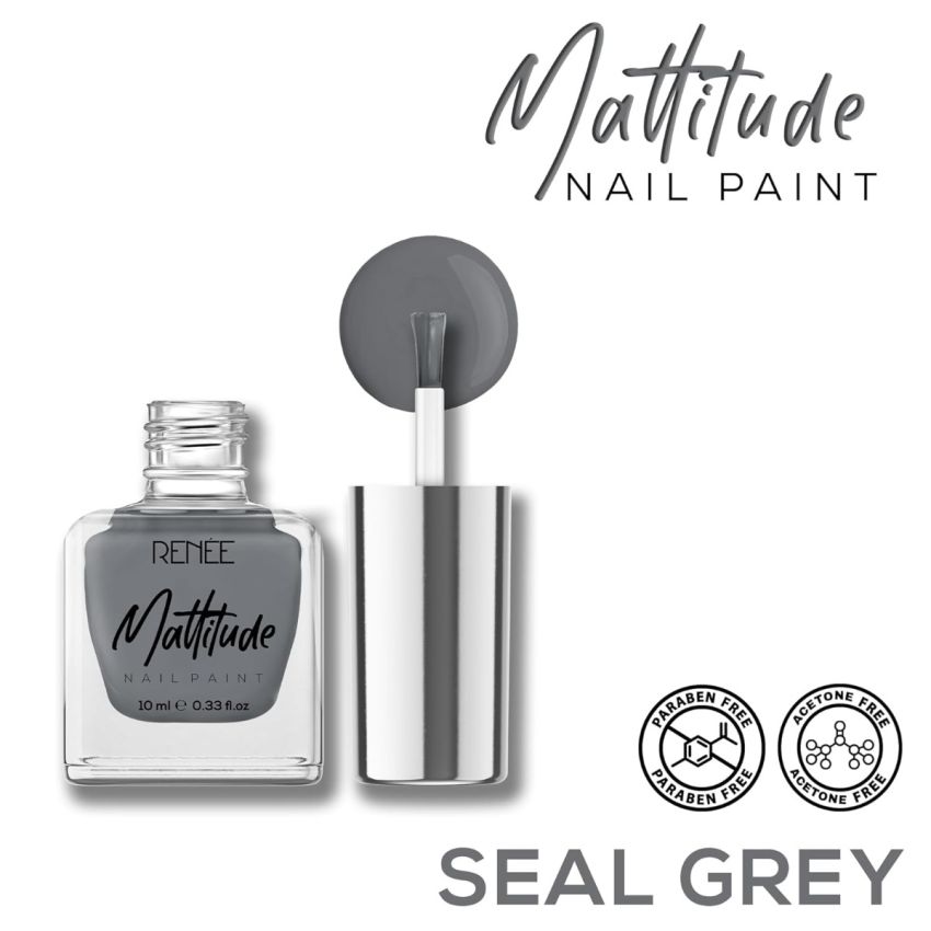 RENEE Mattitude Nail Paint- Seal Grey 10ml | Quick Drying, Matte Finish, Long Lasting, Chip resisting Formula with High coverage | Acetone & Paraben Free