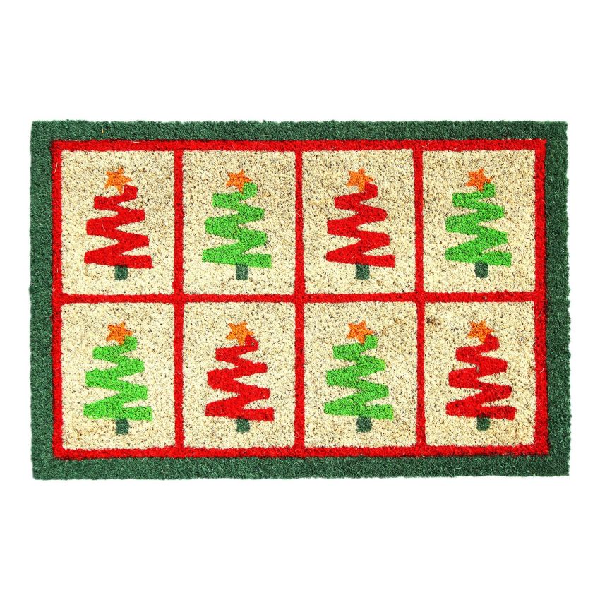 Onlymat Christmas Tree Printed Designer Doormat (Green & Red) Rectangular Shaped Durable Entryway Rug Natural Coir Material with PVC Backing for Indoor and Outdoor use, 40x60 cm