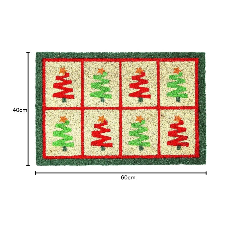 Onlymat Christmas Tree Printed Designer Doormat (Green & Red) Rectangular Shaped Durable Entryway Rug Natural Coir Material with PVC Backing for Indoor and Outdoor use, 40x60 cm
