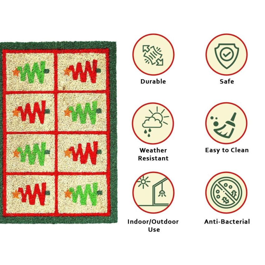 Onlymat Christmas Tree Printed Designer Doormat (Green & Red) Rectangular Shaped Durable Entryway Rug Natural Coir Material with PVC Backing for Indoor and Outdoor use, 40x60 cm