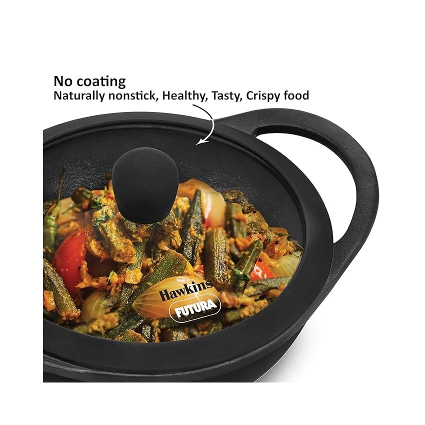 Hawkins Futura 1.5 Litre Cast Iron Kadhai, Naturally Nonstick Cast Iron Kadai with Glass Lid, Cast Iron Cookware for Kitchen, Black (CIK15G)