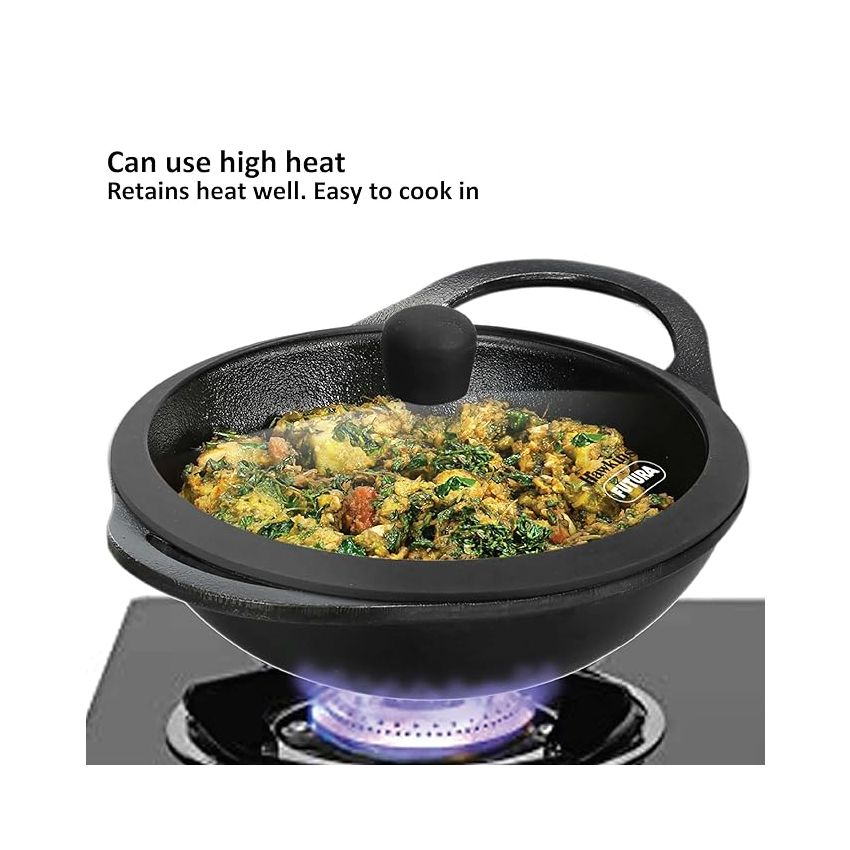 Hawkins Futura 1.5 Litre Cast Iron Kadhai, Naturally Nonstick Cast Iron Kadai with Glass Lid, Cast Iron Cookware for Kitchen, Black (CIK15G)
