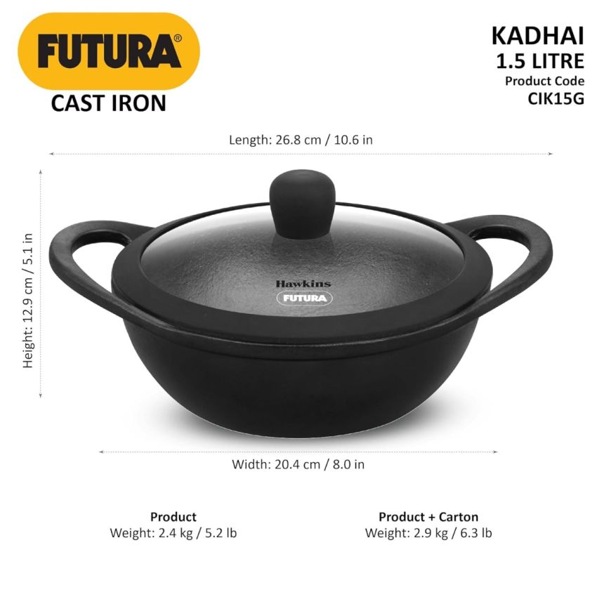 Hawkins Futura 1.5 Litre Cast Iron Kadhai, Naturally Nonstick Cast Iron Kadai with Glass Lid, Cast Iron Cookware for Kitchen, Black (CIK15G)