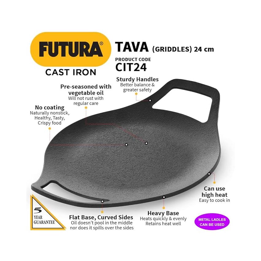 Hawkins Futura 24 cm Cast Iron Tava, Cast Iron Tawa for Roti, Cast Iron Cookware for Kitchen, Black (CIT24)