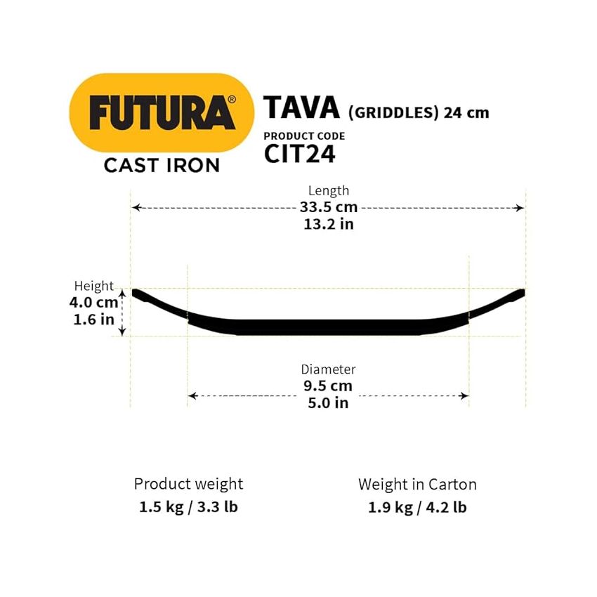 Hawkins Futura 24 cm Cast Iron Tava, Cast Iron Tawa for Roti, Cast Iron Cookware for Kitchen, Black (CIT24)