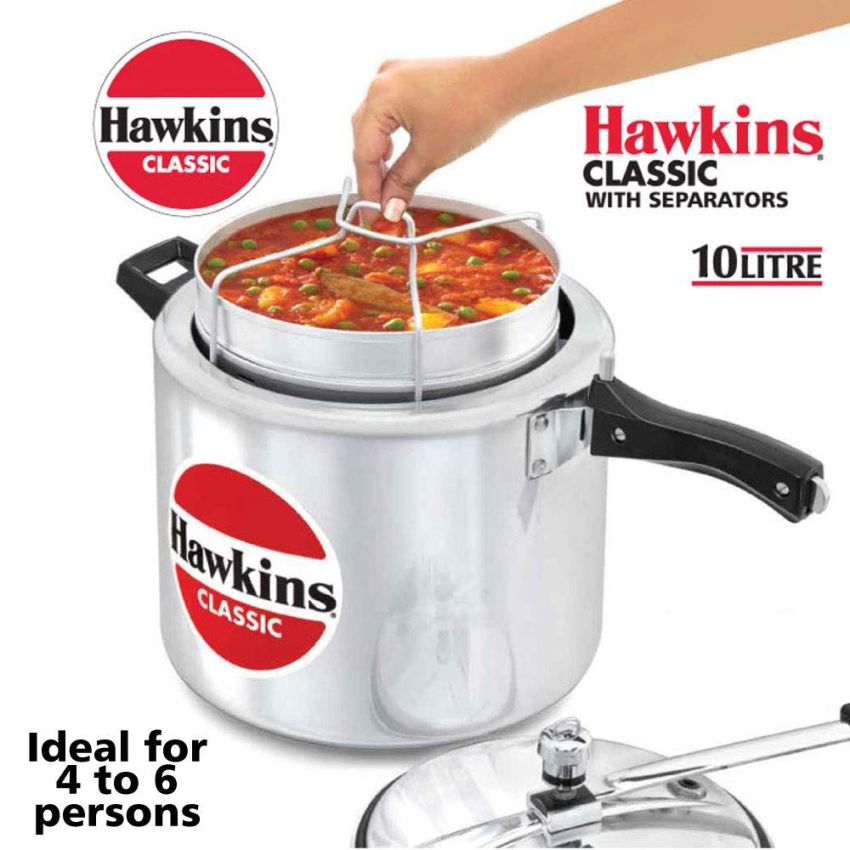 Hawkins 10 Litre Classic Pressure Cooker with Pots, Inner Lid Cooker with Separator Set, Big Pressure Cooker, Silver (CL11)