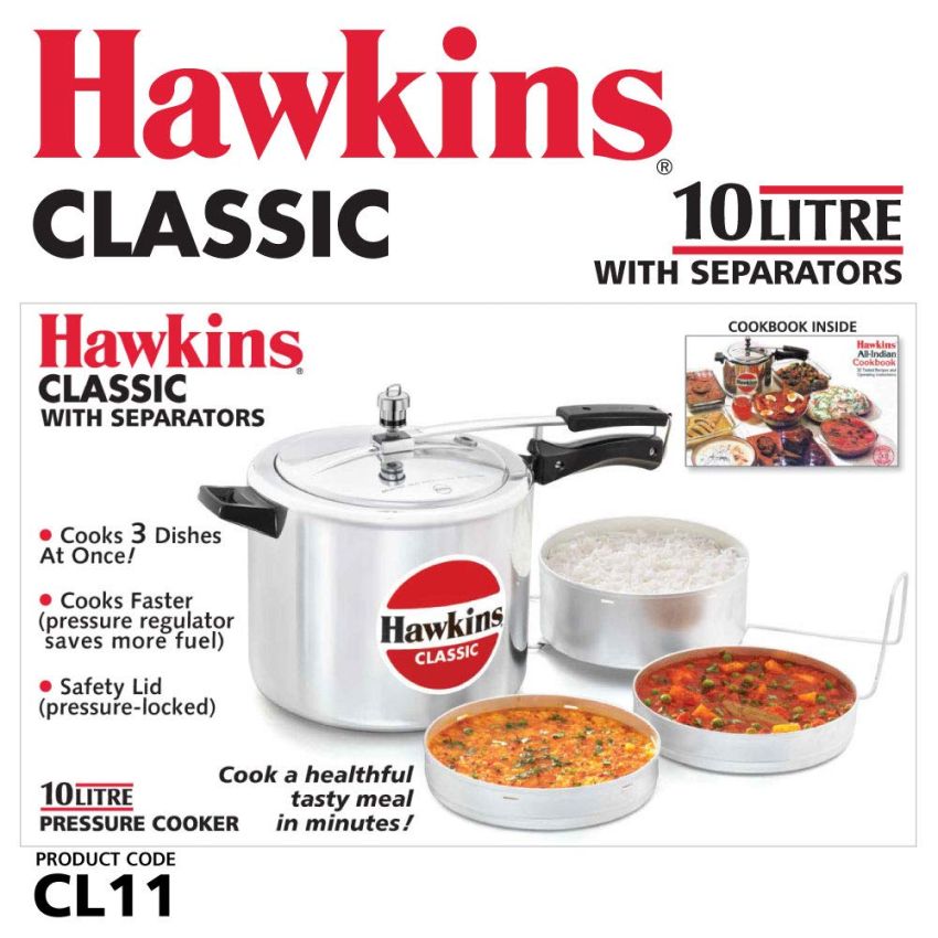 Hawkins 10 Litre Classic Pressure Cooker with Pots, Inner Lid Cooker with Separator Set, Big Pressure Cooker, Silver (CL11)
