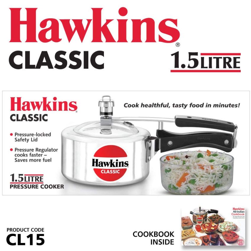 Hawkins Aluminium 1.5 Litre Classic Pressure Cooker,Best Inner Lid Cooker,Small Cooker,Silver(Cl15)