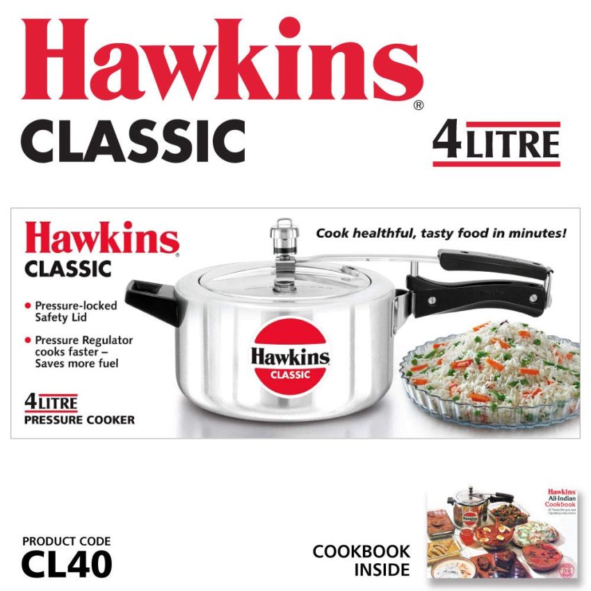 Hawkins 4 Litre Classic Pressure Cooker, Best Inner Lid Cooker, Silver (CL40)