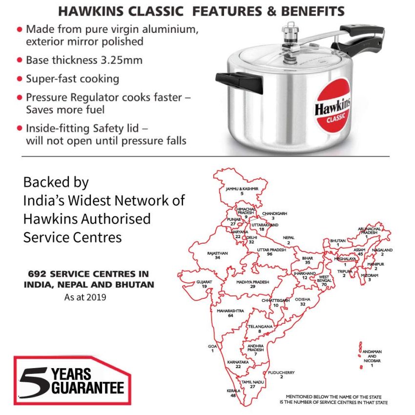 Hawkins Aluminium 5 Litre Classic Pressure Cooker, Best Inner Lid Cooker, Silver (Cl50)